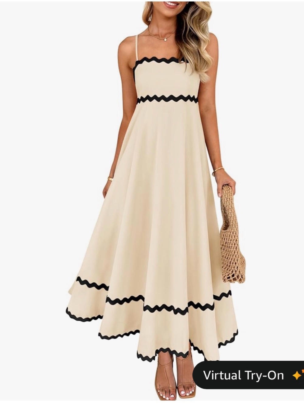 Cream Maxi Sundress with Black Scalloped Trim